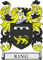 King family crest coat arms magnet: black shield with gold lion and cross, ribbon 'KING'