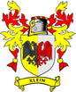 Klein coat of arms pinback with shield, red and yellow flames, and banner reading KLEIN