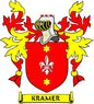 Kramer family crest coat of arms pinback with red shield, gold details, and ribbon banner