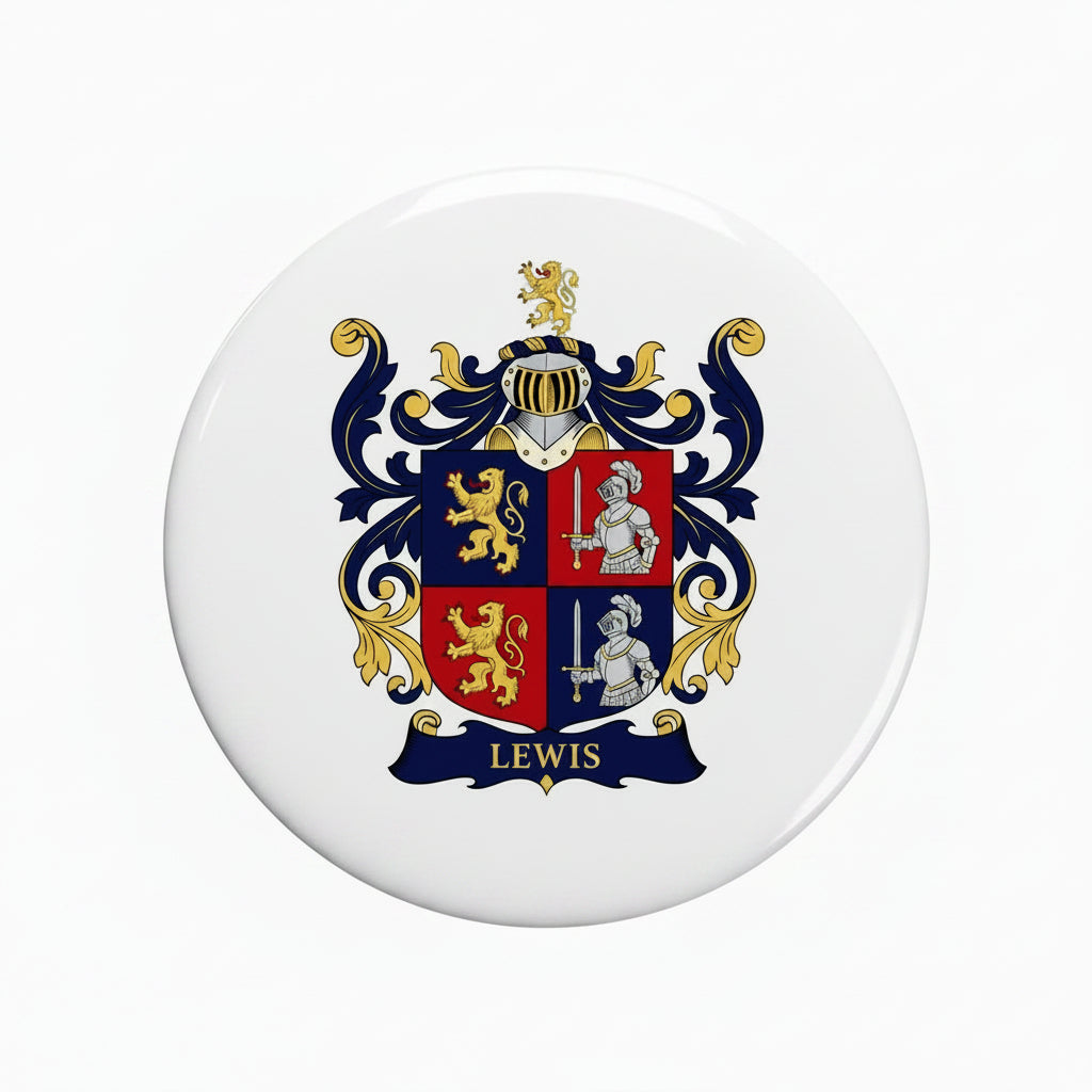 A circular white product featuring a detailed family crest with a gold lion, red and blue quarters, a knight in silver, and a blue scroll reading 'LEWIS'.