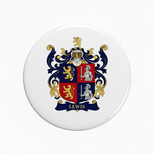 A circular white product featuring a detailed family crest with a gold lion, red and blue quarters, a knight in silver, and a blue scroll reading 'LEWIS'.