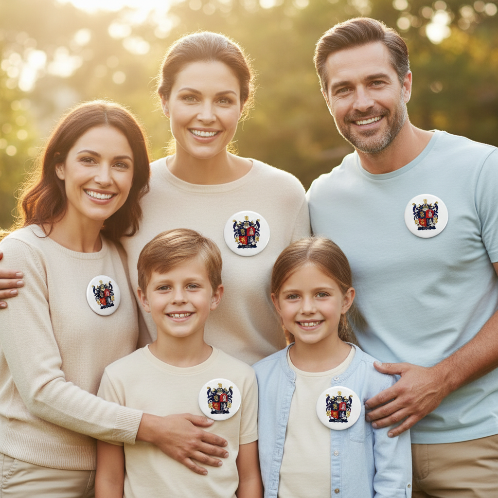A family of five smiling outdoors, each wearing a round white pin badge featuring a colorful crest. The background is a warm, sunlit blurred garden setting.