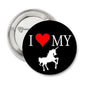 Unicorn pinback button, black face with red heart and white "I ♥ MY" text