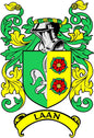 Laan family crest pinback button with green, gold, and yellow coat of arms shield