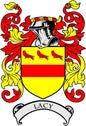 Lacy coat of arms pinback badge with shield, red-yellow details, and LACY banner