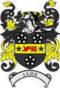 Lamb crest enamel pinback with black shield, yellow horns, and curved banner reading LAMB