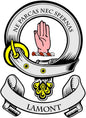 Round Lamont family crest pin with raised hand and coat of arms design