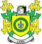 Lang coat of arms crest magnet with yellow shield, green vines, blue fleur-de-lis, LANG banner