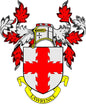 Lawrence family crest pinback with red and white shield, yellow banner, leaf accents