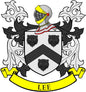 Enamel family crest pinback with shield, three black bear faces, and yellow ribbon 'LEE'.