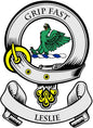 Leslie family crest coat arms magnet, 3-inch circular design with bird and “GRIP FAST” text