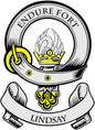 Round coat of arms pinback with crown and helmet crest, yellow details, text LINDSAY.