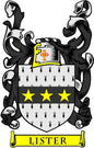Lister family crest coat of arms magnet: black shield with three stars and people, yellow banner