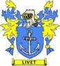 Family crest coat arms magnet with blue shield, anchor, yellow wings, and LIVET banner