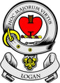 Round family crest coat arms magnet with red heart and 'LOGAN' banner