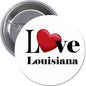 Round 2.25-inch pinback button with Love Louisiana text and red heart graphic