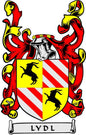 Coat of arms pinback with red, yellow, and white shield crest and LYDL banner
