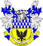 Lyndsey family crest coat of arms pinback: yellow shield with black eagle and blue accents
