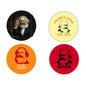 Four round pinback buttons with Karl Marx portraits, one reads 'Sharing is caring'.