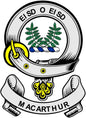 Round MacArthur family crest coat of arms magnet with helmet, laurel, and MACARTHUR text