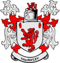 MacAwley family crest pinback: white shield with red lion, flames, banner