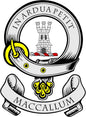MacCallum family crest pinback badge with circular design and 'MACCALLUM' text