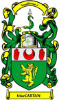 Coat of arms pinback: green-yellow shield with red hands, lion and MacCartan banner