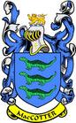 MacCotter family crest pinback with blue shield, green crocodiles, and MACCOTTER banner