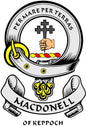 MacDonell family crest pinback with shield, hand emblem, helmet, and ribbon text