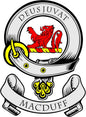 Round MacDuff family crest coat arms magnet with red lion, shield, and lettering