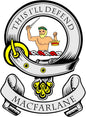 Round MacFarlane family crest arms magnet, circular design with coat and ribbon