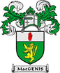 Family crest coat of arms pinback with green shield, yellow lion, and red fist