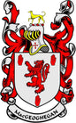 Family crest coat of arms pin with red and black shield and lion, MacGeoghegan banner