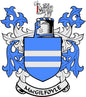 Blue and white family crest coat of arms arms magnet with shield, wings, and scroll