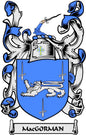 Family crest coat arms magnet with blue shield and banner reading MacGORMAN