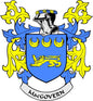 Family crest pinback with blue shield, yellow lion, MacGovern banner