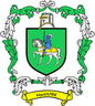 MacGuire coat of arms pinback with green shield, horse-and-knight scene, ribbon banner