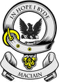Circular MacIain crest pinback with eagle, 'IN HOPE I BYDE' ring text