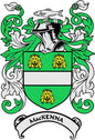 MacKenna family crest pinback featuring green shield, black banner, and gold lion emblems