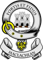 Round MacLachlan coat of arms pinback badge with castle crest, text, and yellow trim