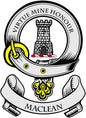 MacLean family crest pinback, circular white/silver with castle, yellow flames, MACLEAN text