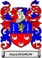 Family crest coat of arms magnet, red-blue shield with lion, cross, and MacLOUGHHLIN scroll.