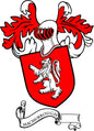 Family crest coat-of-arms magnet with red shield, white lion, and MACMURROUGH ribbon