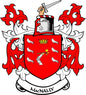 Red MacNally coat of arms pinback with shield, crown, and banner