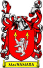 3-inch family crest coat of arms magnet with red shield, white lion, and MacNAMARA banner