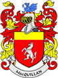 MacQuillan family crest coat of arms shield with lion on red background