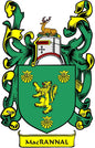 MacRannal family crest coat arms magnet with green shield, lion, and deer antlers