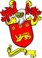 Family crest coat of arms magnet: red and yellow shield with lion and banner