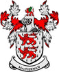 MacTiernan family crest pinback with red and white shield and griffins, black outline