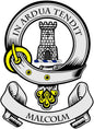 Malcolm family crest coat arms magnet, circular badge with tower, flames, and crest text